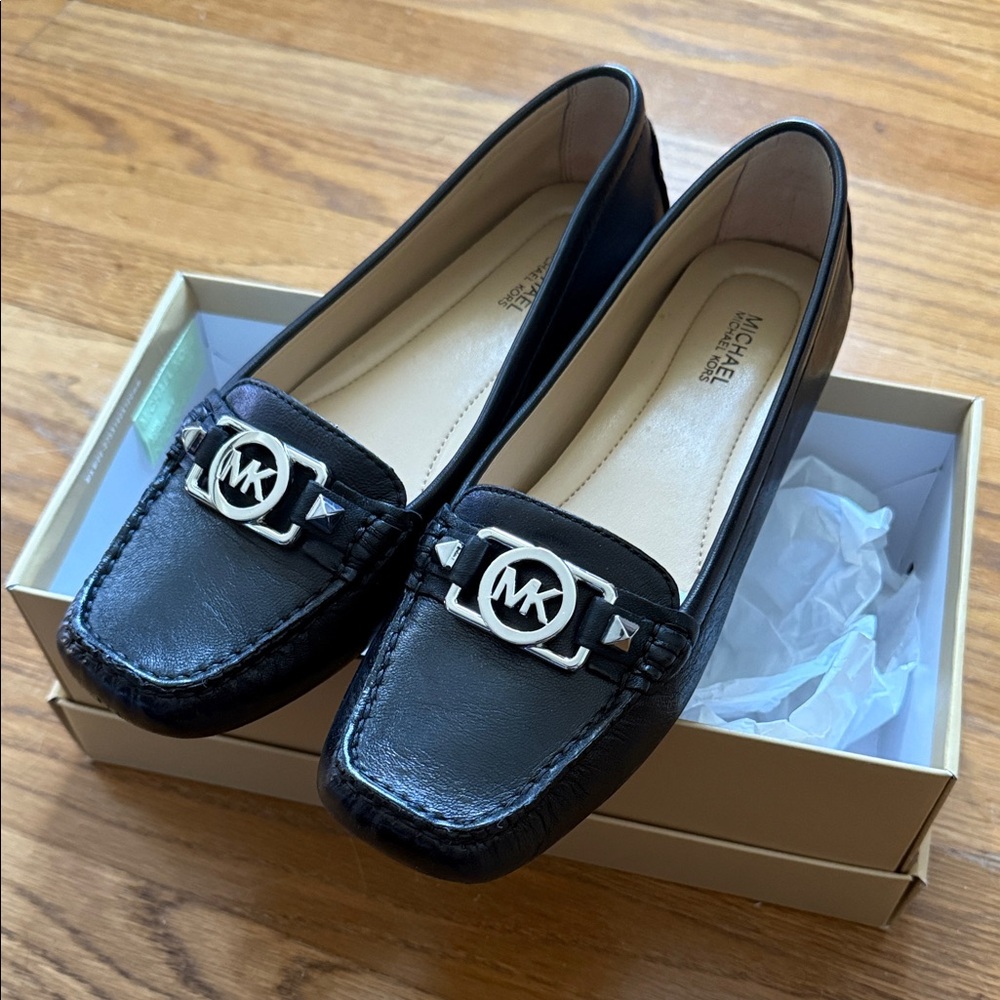 Michael Kors Black Leather Flats with Silver Accents